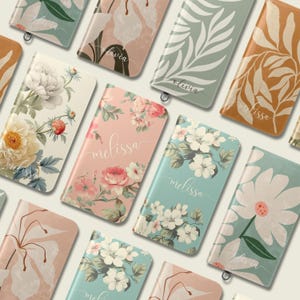 Coque de téléphone portefeuille personnalisée bohème florale - Nom personnalisé, couverture de style botanique, coque de téléphone personnalisée fleur avec nom - Couverture esthétique bohème