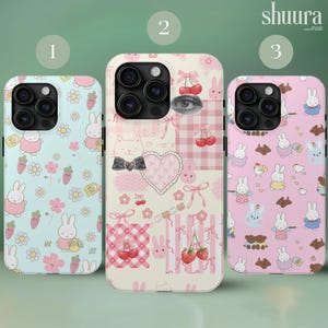 Kawaii Phone Case, Adorable Bunny - Strawberry Pattern, Cute Cat Bows, Girly Gift, Cute Coquette iPhone Case, Pink Bunny & Cherry Design