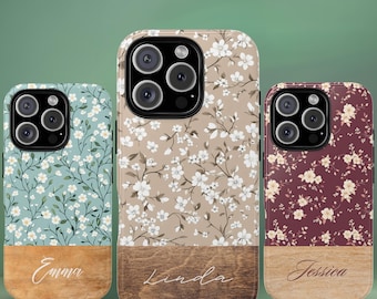 Coque de téléphone personnalisée à fleurs, coque d&#39;iPhone personnalisée avec nom de fleur, coque de portable nom floral vintage, cadeau personnalisable de coque de téléphone pour maman, soeur