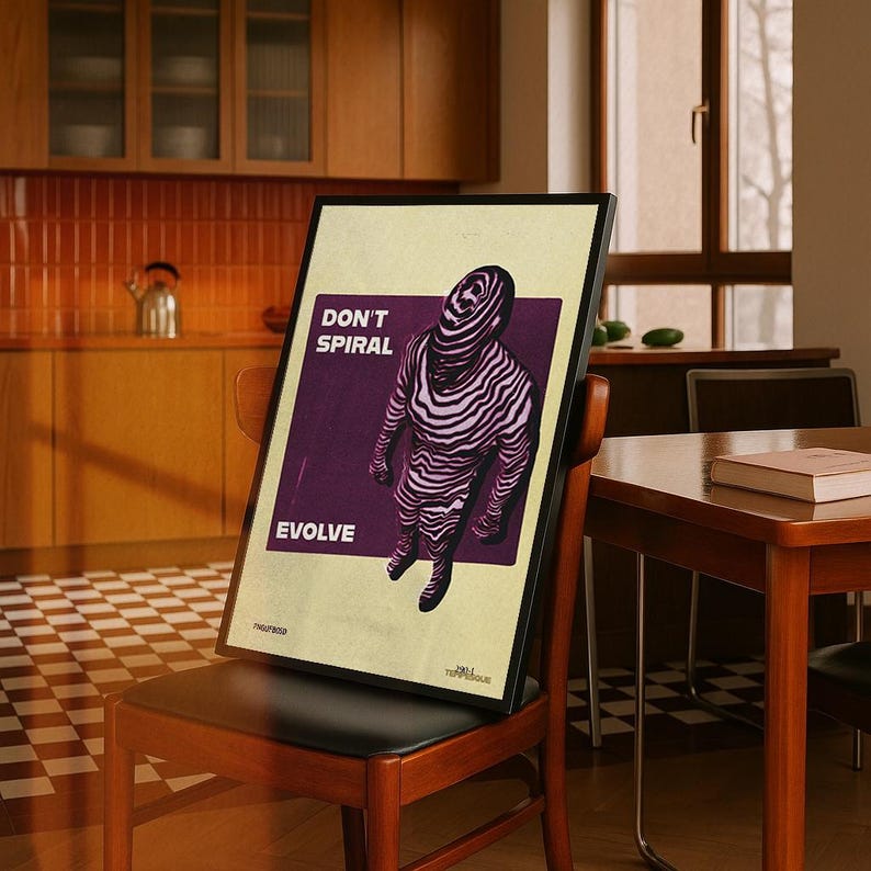 May include: A framed poster with the words "DON'T SPIRAL EVOLVE" and an illustration of a figure with zebra-like stripes. The poster is propped on a wooden chair with a black seat, in a room with a kitchen and a table.