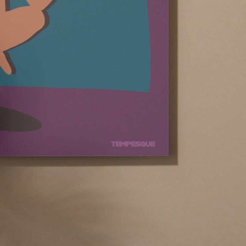 May include: A close-up of a framed art print with a minimalist design. The artwork features a teal and peach abstract shape against a purple background. The word "TEMPESQUE" is printed in light purple at the bottom.
