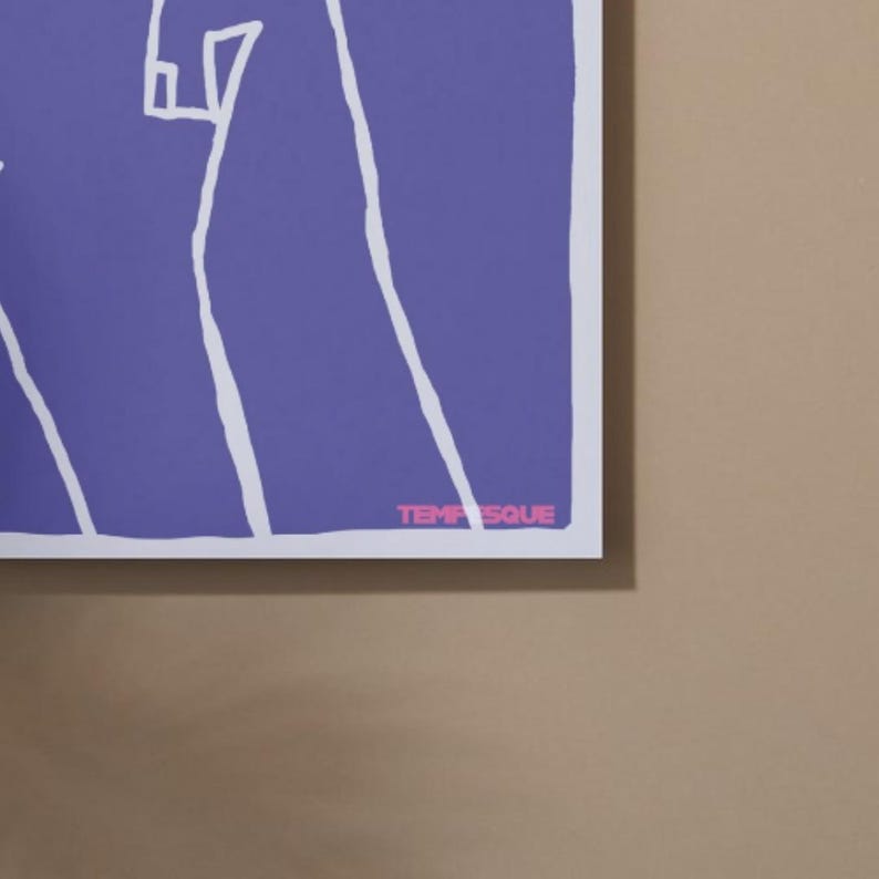 May include: A framed art print featuring a minimalist design with white lines on a purple background. The text "TEMPSQUE" is printed in pink at the bottom right corner. The artwork is displayed against a neutral-toned wall.