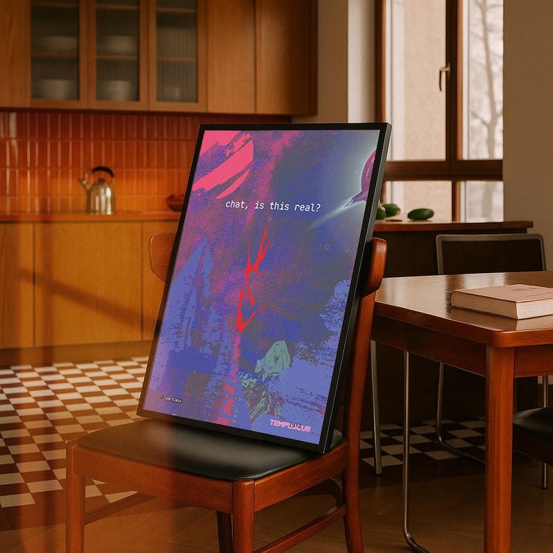 May include: A framed art print featuring abstract artwork with a blend of purple, pink, and blue hues. The text "chat, is this real?" is displayed at the top. The print is propped on a wooden chair in a room with a kitchen and a table.