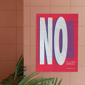 May include: A red poster with the word "NO" in large white letters with blue outlines. The poster also includes the text "is a full sentence" and the word "TEMPESQUE" in a smaller font.