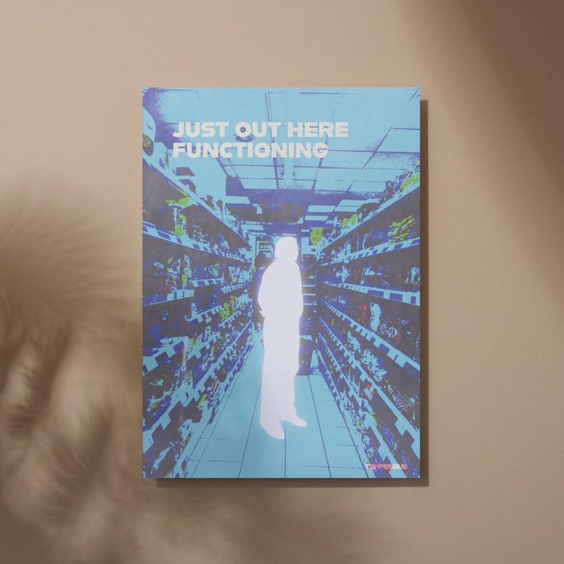 K&ouml;nnte beinhalten: Ein Poster mit blau-wei&szlig;em Farbschema zeigt eine personenf&ouml;rmige Silhouette, die in einem Lebensmittelgesch&auml;ft steht. Der Text "JUST OUT HERE FUNCTIONING" befindet sich oben auf dem Poster.