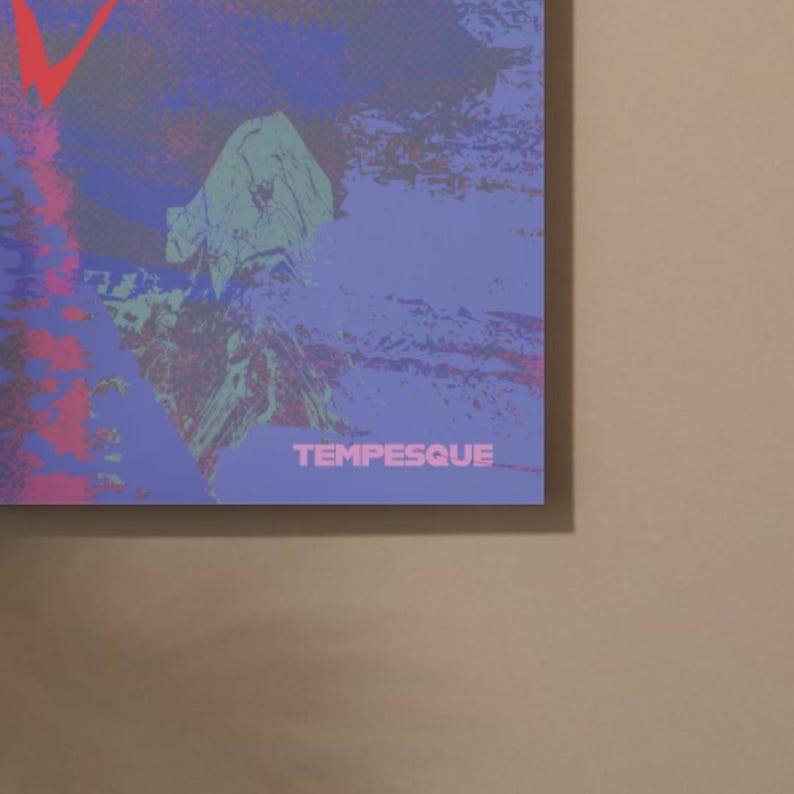 May include: Abstract art print with a textured appearance. The artwork features a blend of purple, blue, and red hues, with the word "TEMPESQUE" in white at the bottom. A red "V" shape is visible in the upper left corner.