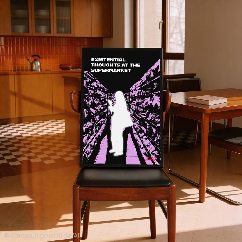 Konstig väggkonstposter, sarkastisk terapikonst för övertänkare, konceptuellt uttalandetryck, existentiella tankar i snabbköpet, tempesk bild 11