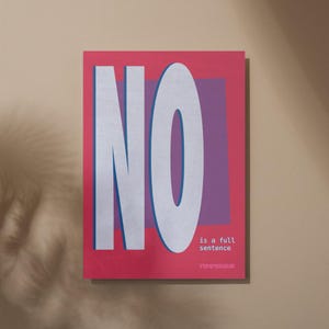 May include: A rectangular art print with the word "NO" in large white letters against a pink background. The letters have a blue outline. Below, the text reads "is a full sentence" and "TEMPESQUE".