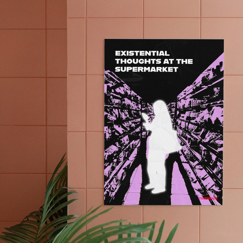 Existential sarcastic wall art poster titled "Existential Thoughts at the Supermarket" by Tempesque. A glowing white silhouette stands alone in a supermarket aisle surrounded by shelves, with dark black and purple tones. Conceptual and weird poster designed for overthinkers and anxious minds, exploring mental health, self reflection and everyday existential thoughts. Ideal for modern interiors, therapy spaces and gallery walls.