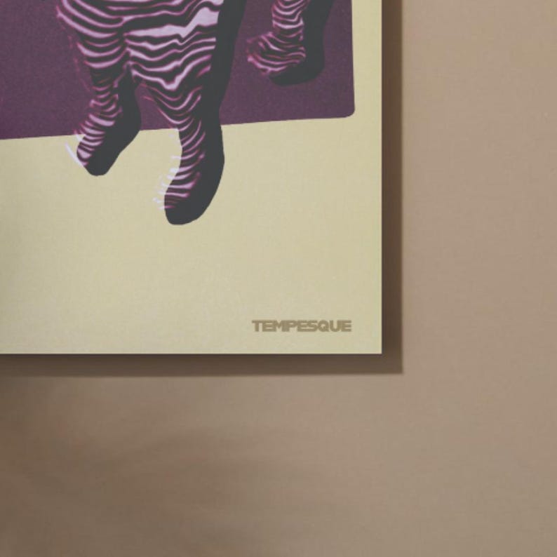 May include: A print with a beige background and a dark purple abstract design. The word "TEMPESQUE" is printed in a light grey color at the bottom of the print.
