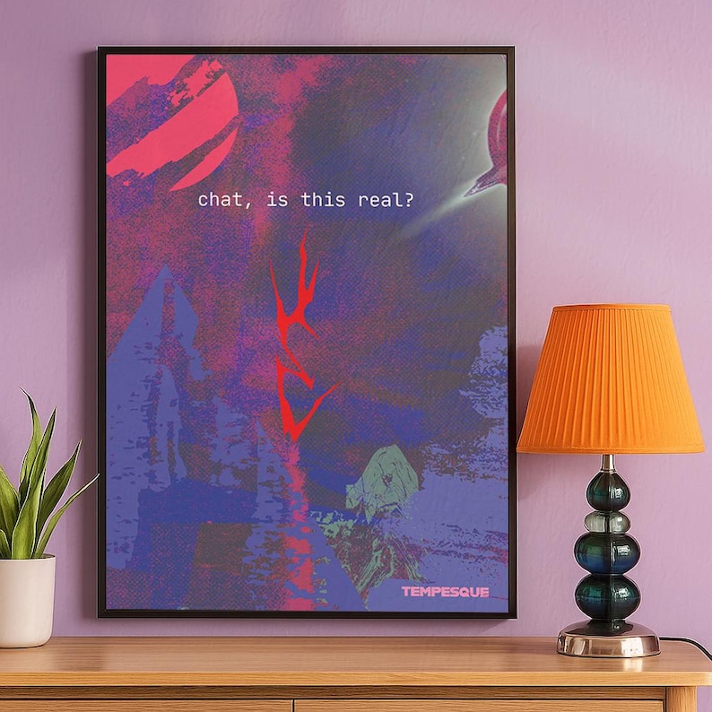 Abstract digital art print with blue, red, and magenta textures and the text “chat, is this real?”. Surreal internet-inspired wall art with a conceptual and ironic tone, perfect for Gen Z decor, creative rooms, or modern interiors. Artwork by Tempesque, hanged on a lilac wall next to a potted plant and a small orange lamp.
