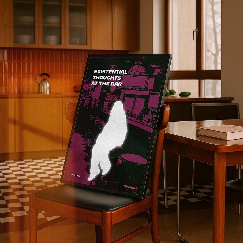 Vreemde muurposter, existentiële sarcastische poster, therapeutische muurdecoratie voor piekeraars, conceptuele statementkunst, barscèneprint, Tempesque afbeelding 10