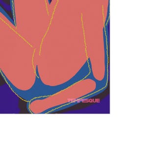 May include: Abstract art print featuring a composition of coral-colored shapes against a deep blue background. Thin yellow lines outline the shapes. The word "TEMPESQUE" is printed in white at the bottom right corner.