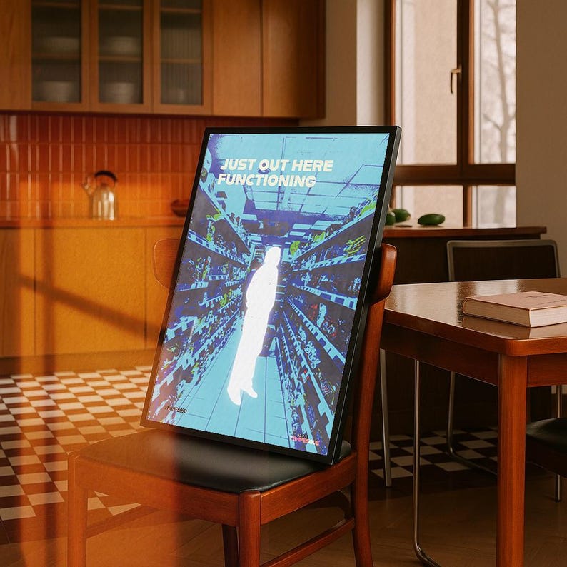K&ouml;nnte beinhalten: Ein gerahmter Kunstdruck mit einer Person als Silhouette in einem Supermarktgang. Der Druck hat ein blau-wei&szlig;es Farbschema und den Text "JUST OUT HERE FUNCTIONING". Das Kunstwerk steht auf einem Holzstuhl.