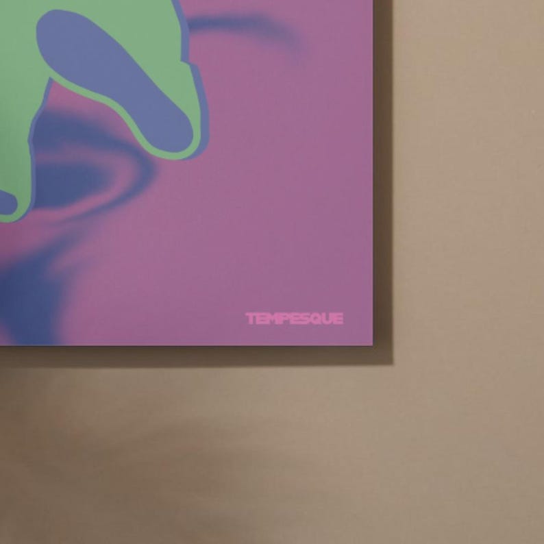 May include: A modern art print featuring a green and blue abstract shape on a pink background. The word "TEMPESQUE" is printed in pink at the bottom right corner of the artwork.
