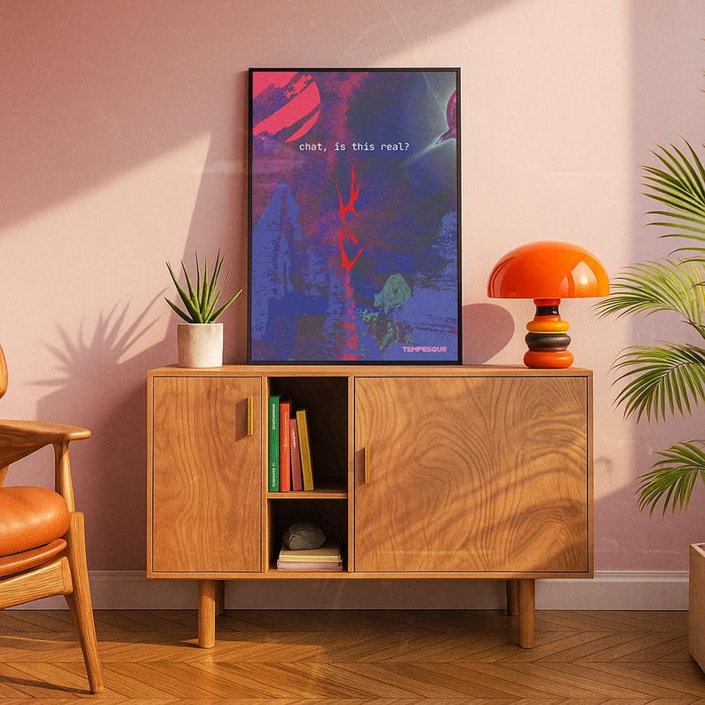May include: A framed art print with the text "chat, is this real?" in a modern font. The artwork features abstract shapes in shades of blue, red, and green. The print is displayed on a wooden cabinet with an orange lamp and a potted plant.