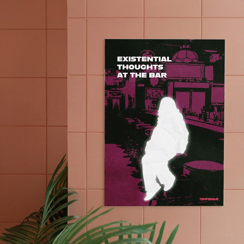 Existential sarcastic wall art poster titled "Existential Thoughts at the Bar" by Tempesque. A glowing white silhouette stands alone inside a surreal bar scene with dark green and magenta tones. Conceptual and weird poster designed for overthinkers and anxious minds, exploring mental health, self reflection and quiet existential thoughts. Perfect for modern interiors, therapy spaces and gallery walls.