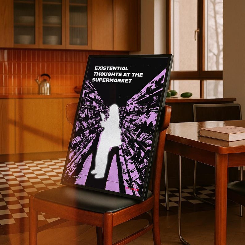Konstig väggkonstposter, sarkastisk terapikonst för övertänkare, konceptuellt uttalandetryck, existentiella tankar i snabbköpet, tempesk bild 9
