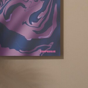 May include: Abstract art print with a swirling pattern in shades of purple and blue. The word "TEMPESQUE" is printed in pink at the bottom of the artwork. The artwork has a modern and artistic aesthetic.