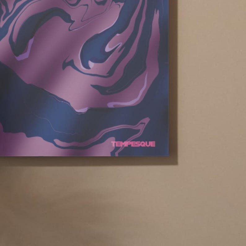 May include: Abstract art print with a swirling pattern in shades of purple and blue. The word "TEMPESQUE" is printed in pink at the bottom of the artwork. The artwork has a modern and artistic aesthetic.