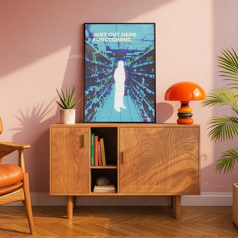 K&ouml;nnte beinhalten: Ein Holzschrank mit einem gerahmten Poster mit der Aufschrift "JUST OUT HERE FUNCTIONING". Das Poster zeigt eine Person in einem Lebensmittelgesch&auml;ft. Auf dem Schrank steht eine orangefarbene und schwarze Lampe. Links vom Schrank steht eine Topfpflanze.