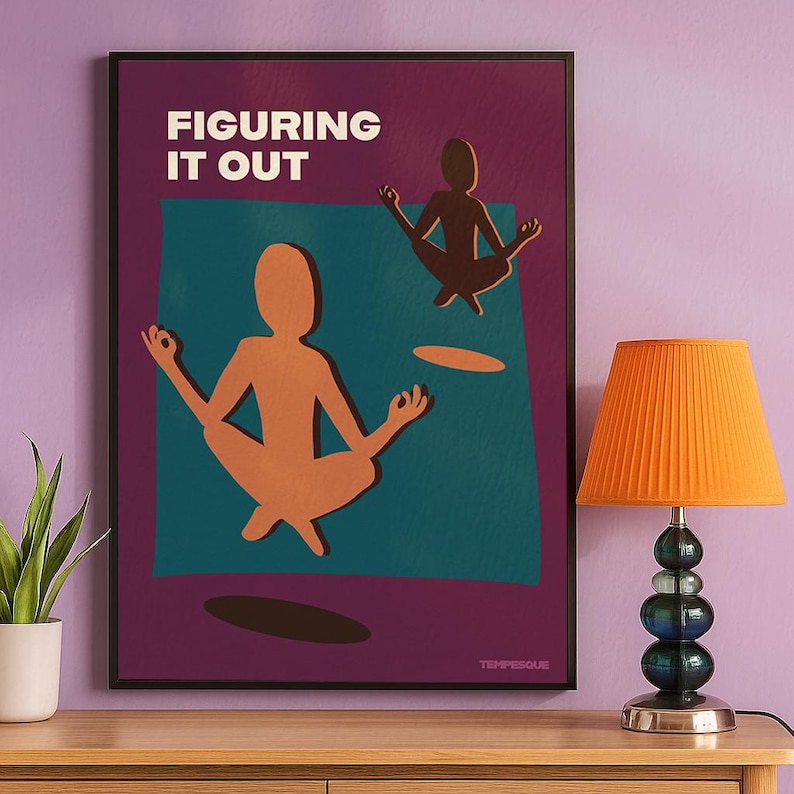 Minimal abstract poster showing two meditating figures from a three-quarter perspective, symbolizing self reflection and personal growth