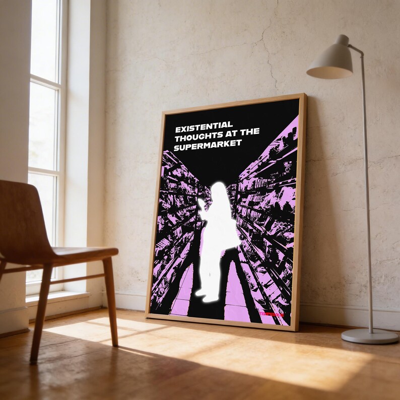Konstig väggkonstposter, sarkastisk terapikonst för övertänkare, konceptuellt uttalandetryck, existentiella tankar i snabbköpet, tempesk bild 4
