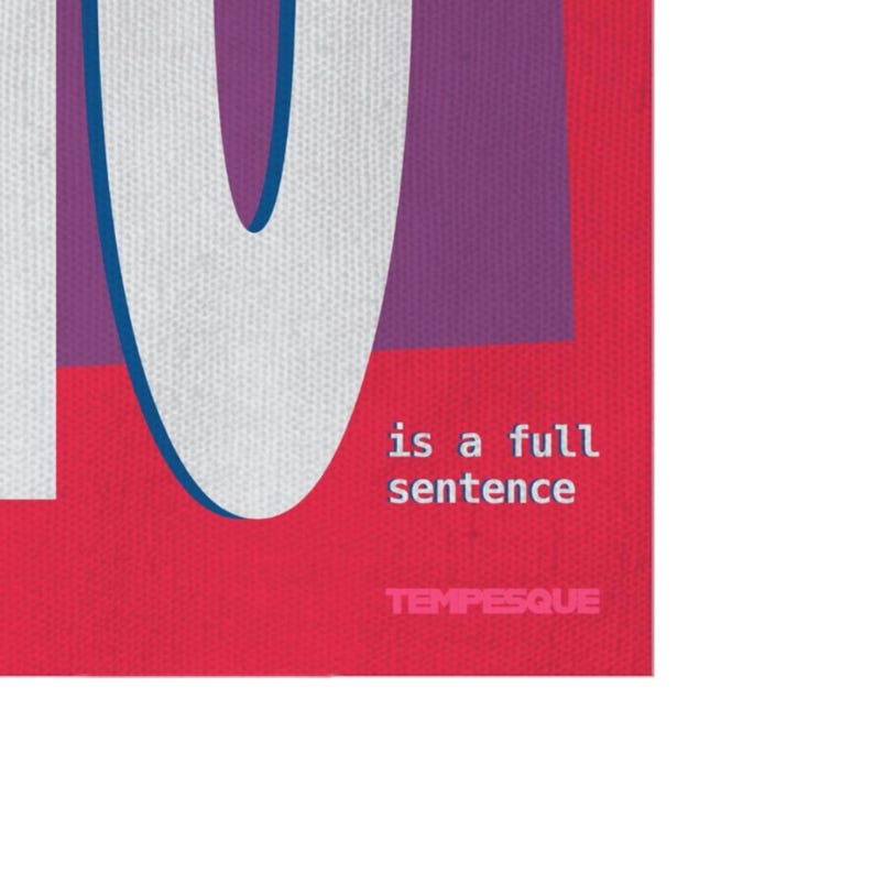 May include: A red background with a large white and blue letter "U" and the text "is a full sentence" in white. The word "TEMPESQUE" is at the bottom in white.