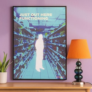Illustrated poster of a glowing human figure standing still in a grocery store aisle, surrounded by shelves of products, with the text “Just out here functioning” at the top.