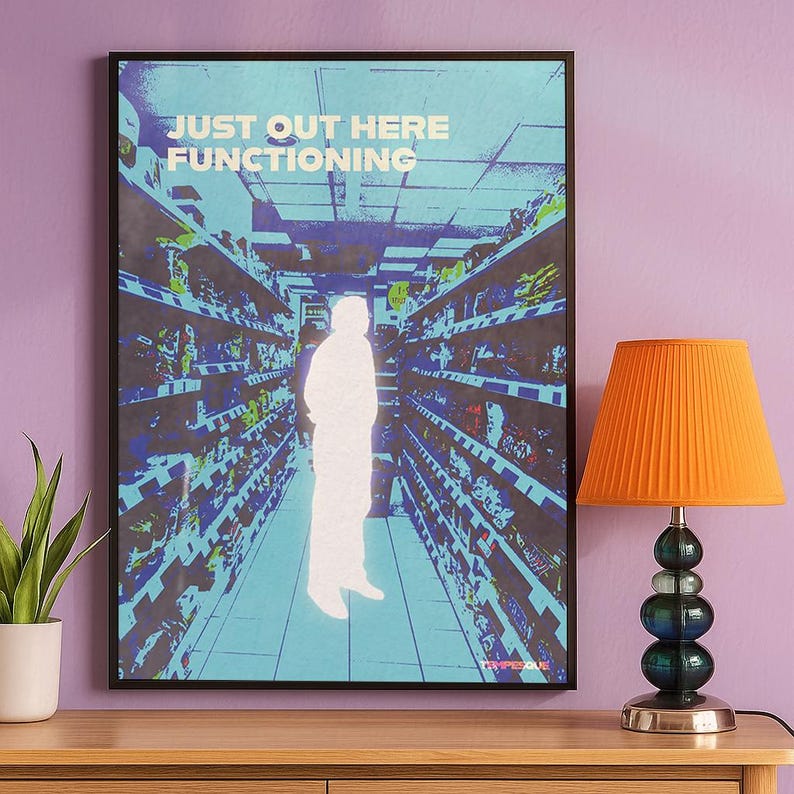 Illustrated poster of a glowing human figure standing still in a grocery store aisle, surrounded by shelves of products, with the text “Just out here functioning” at the top.