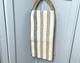 Handwoven dish towel, 100% cotton, white with tan and brown stripes, one towel