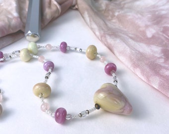 Ivory & Pink Glass Heart Necklace, Lamp-worked ivory and pink glass heart and beads