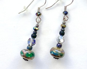 Ivory & Teal Glass Earrings, blue, green, teal, ivory and metallic dangle for pierced ears