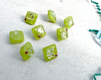 Spring Green Fused Glass Buttons, Square with Shank, one-half inch (12mm), Bright green with silver patterned dichroic and red dot