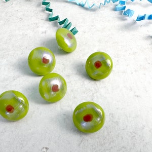 Chartreuse Fused Glass Buttons, Round with Shank, five-eigths inch 15mm diameter, Spring Green with Cherry Red image 1