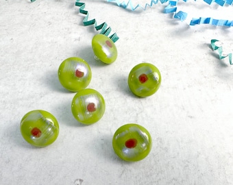 Chartreuse Fused Glass Buttons, Round with Shank, five-eigths inch (15mm) diameter, Spring Green with Cherry Red