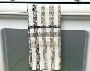 Handwoven dish towel, 100% cotton, browns, tan and white, one towel