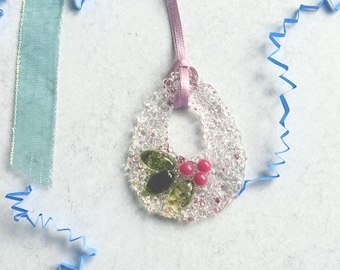 Pink Fused Glass Spring Ornament or Sun Catcher, Peony design of pink dots and green leaves on pink tinted wreath, Mother's Day gift