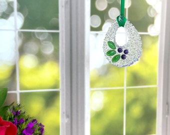 Purple Fused Glass Sun Catcher or Ornament, Plum design of purple dots and green leaves on clear lavender tinted glass, Spring window decor