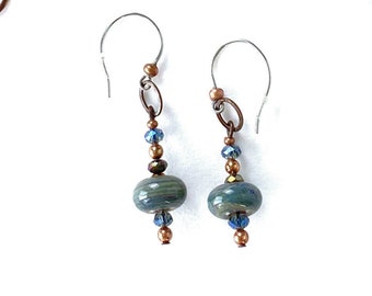 Green Glass Earrings, blue, green, teal and copper dangles for pierced ears