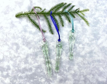 Fused Glass Icicle Ornaments, Set of 3 with a blush of Pine Green, smooth glass icicles, spring gift, window ornament, sun catcher