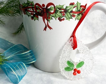 Holly Wreath Fused Glass Christmas Ornament or Sun Catcher, Holly design on clear wreath