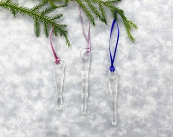 Clear Fused Glass Icicle Ornaments, Set of 3 for your Christmas Tree or window
