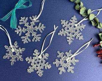 Snowflake Christmas Ornaments in Clear Fused Glass with Icey Look, Set of 5, gift for grandma, spring window decor