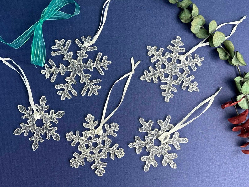 Snowflake Christmas Ornaments in Clear Fused Glass with Icey Look, Set of 5, gift for grandma, spring window decor image 1