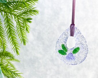 Fused Glass Ornament or Sun Catcher, Candied Plum design of purple dots and green leaves on clear lavender tinted wreath, Easter ornament