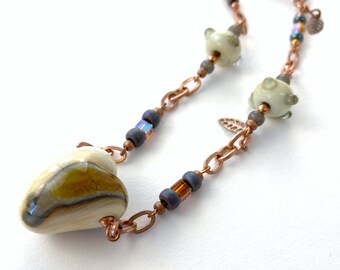 Glass Gold Heart Statement Necklace, Lamp-Worked beads and copper chain with crystals