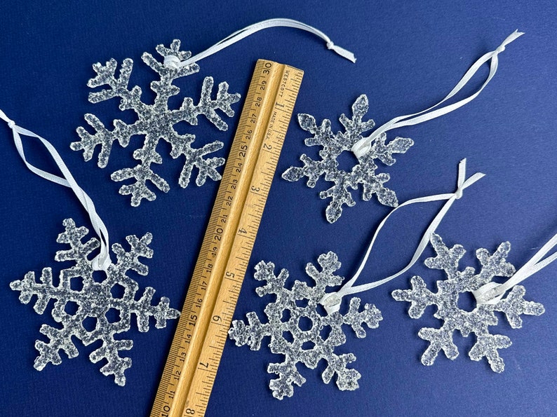 Snowflake Christmas Ornaments in Clear Fused Glass with Icey Look, Set of 5, gift for grandma, spring window decor image 6