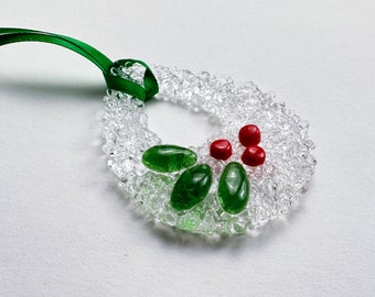 Holly Wreath Fused Glass Christmas Ornament or Sun Catcher, Holly design on clear wreath, gift for aunt, grandma or teacher
