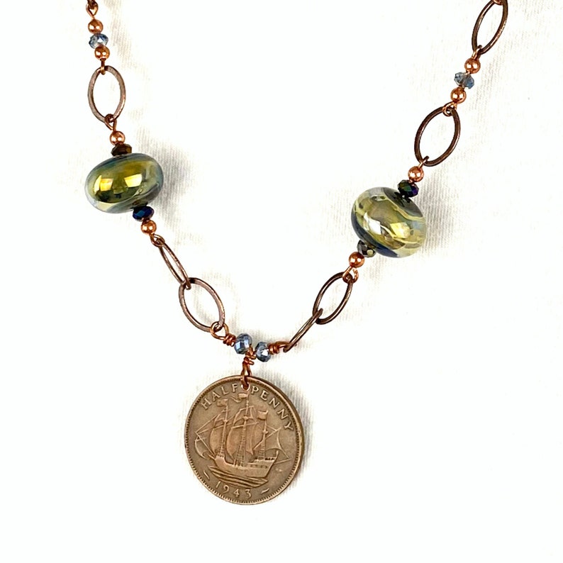 Nautical Necklace, Vintage Irish Ship Coin, lamp-worked glass beads, copper and green, Next Adventure Gift, Mother's Day gift image 2